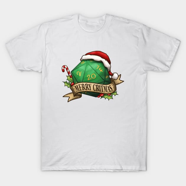 D20 Merry Critmas Dice Green T-Shirt by Takeda_Art